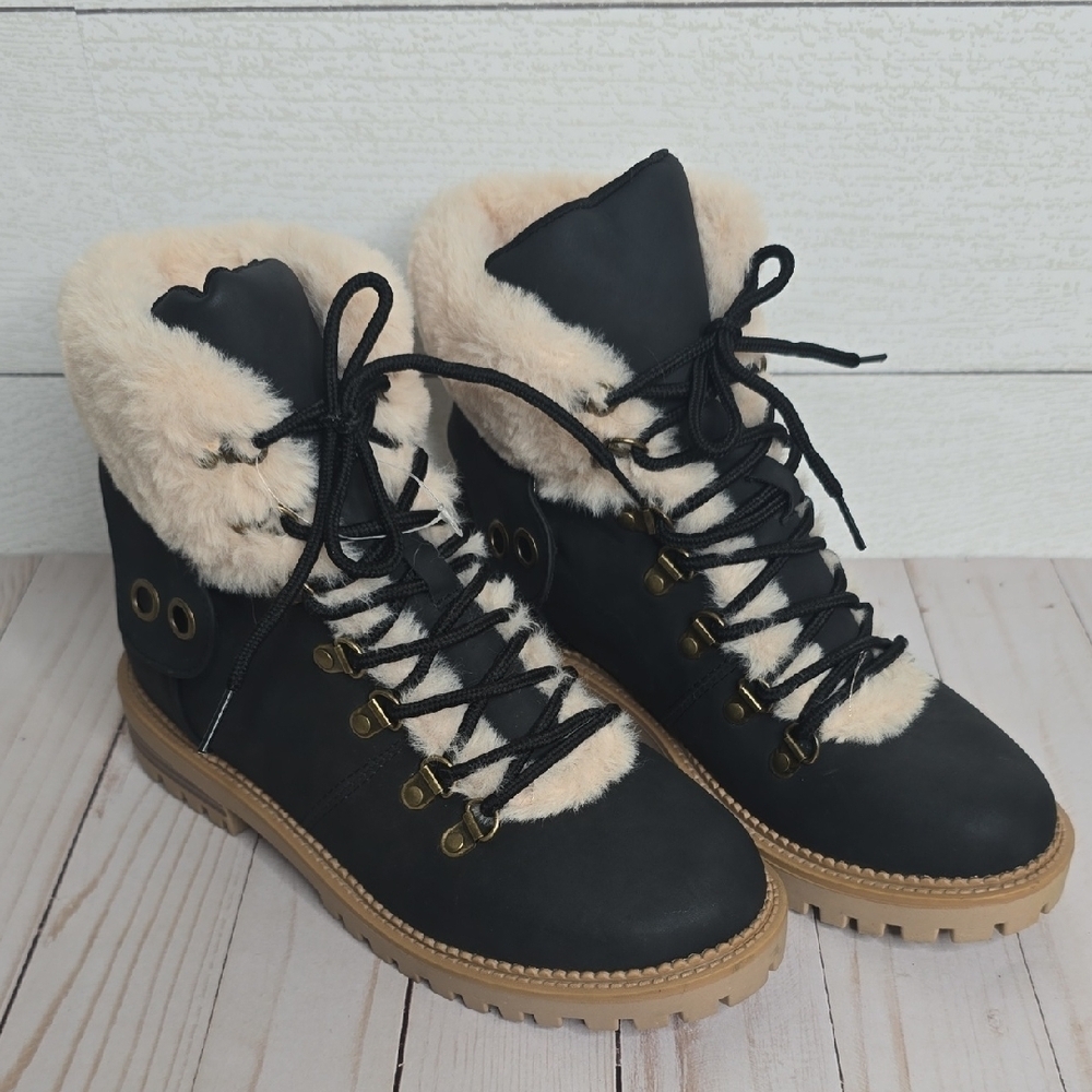 NICOLE MILLER WOMEN'S LATTE FAUX FUR  TRIM BOOTS BLACK SZ 8